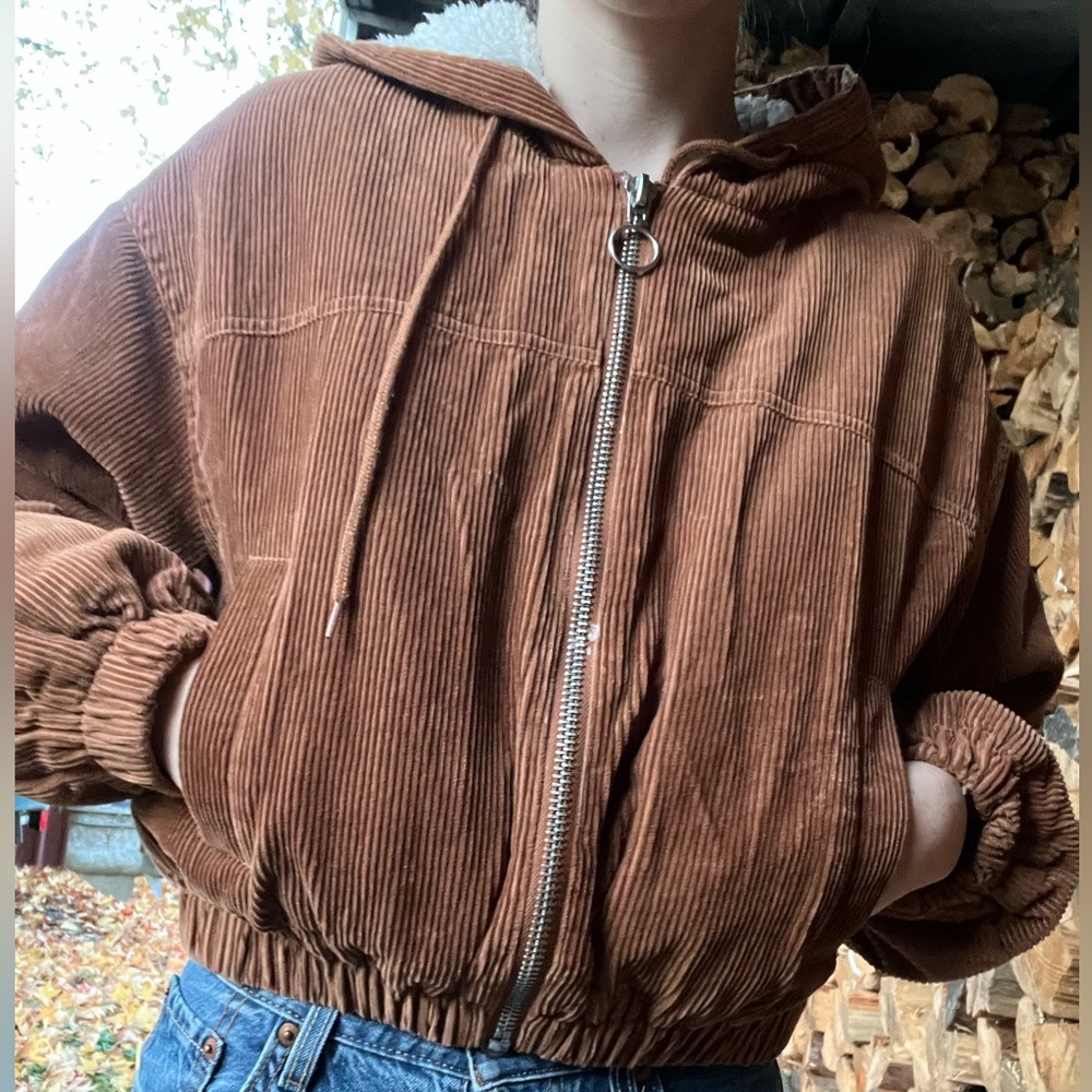 Brown Corduroy Cropped Zip Up Jacket